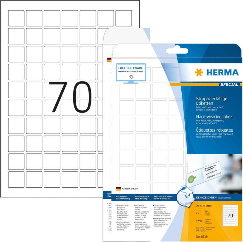 HERMA 8339 Wetterfeste Folienetiketten, 25 Blatt, 24 x 24 mm, 70 Stück pro A4 Bogen, 1750 Aufkleber,