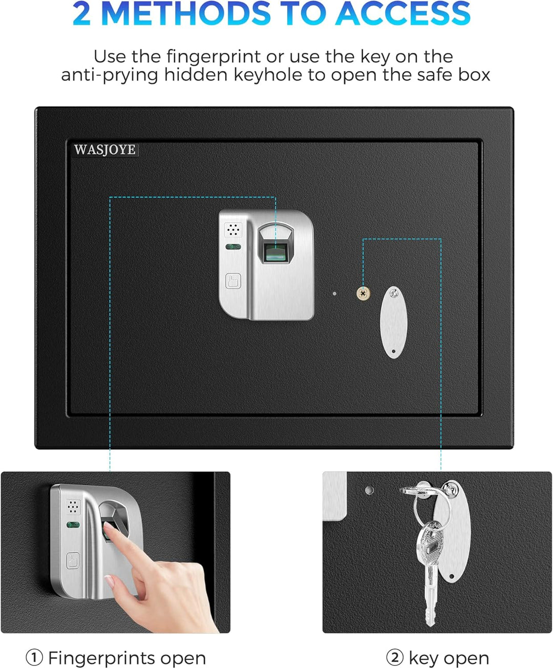 WASJOYE 16.06L Fingerabdruck Tresor Safe, Zahlenschloss, Biometrischer Möbeltresore, mit 2 Schlüssel