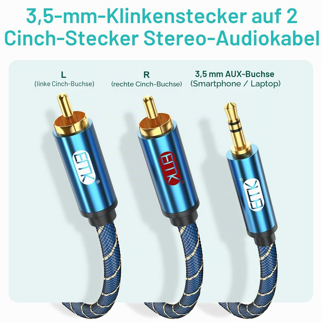 EMK Cinch Kabel, AUX 3,5mm klinke auf 2RCA Audiokabel Stereo Audio Y Geflochtener Nylon RCA Kabel Ja
