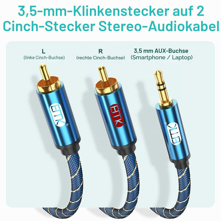 EMK Cinch Kabel, AUX 3,5mm klinke auf 2RCA Audiokabel Stereo Audio Y Geflochtener Nylon RCA Kabel Ja