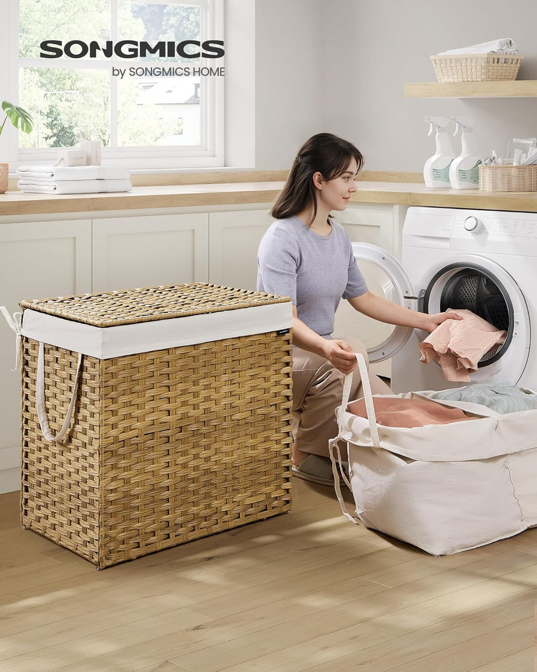SONGMICS Wäschekorb 2 Fächern, Wäschesammler 160 L, Wäschebox aus synthetischem Rattan, mit Deckel u