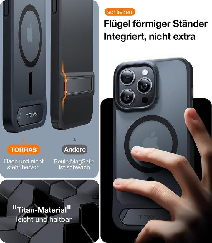 TORRAS für iPhone 15 Pro Hülle für MagSafe, Unzerstörbare Militärschutz mit integrierter Ständer Mag