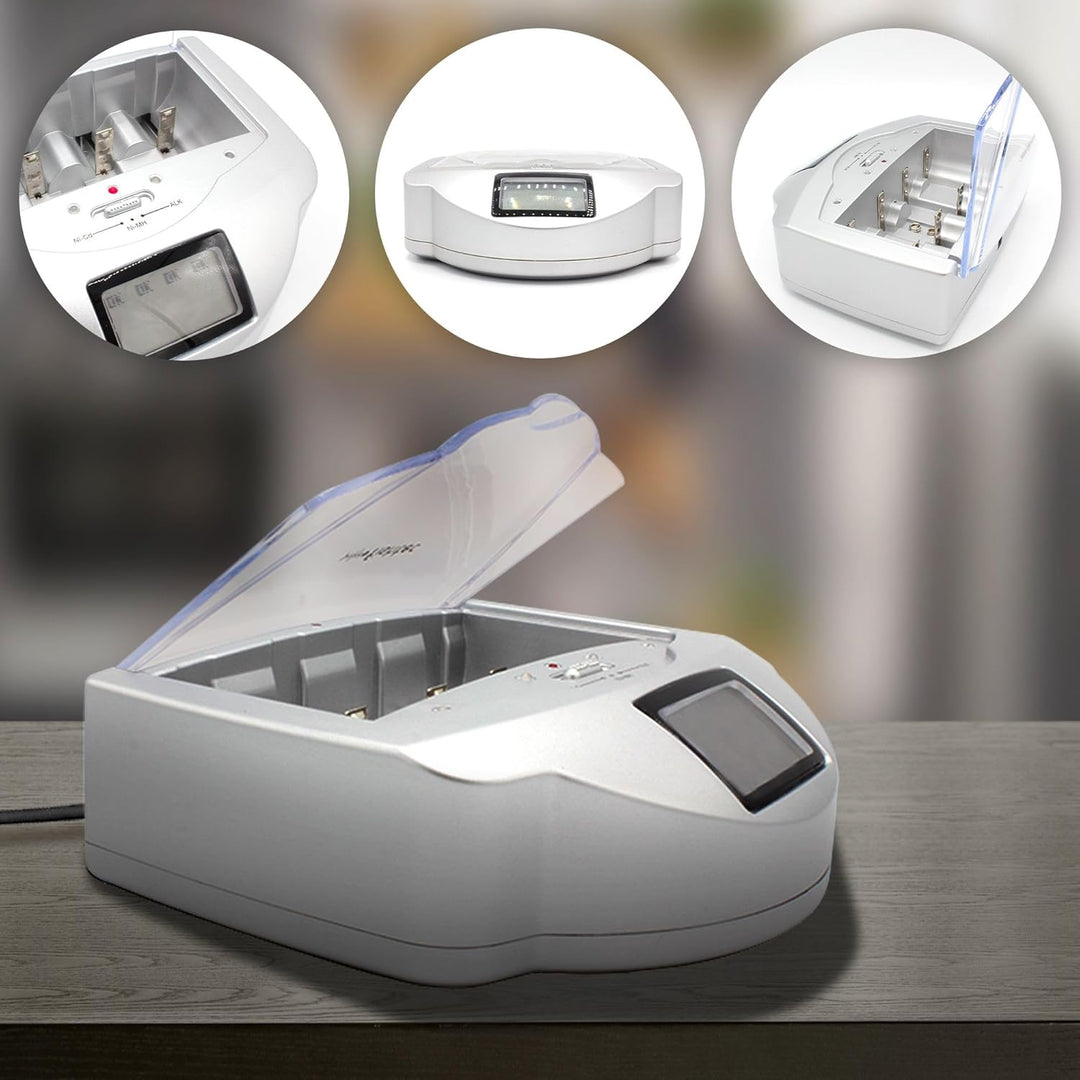 FISHTEC Universal Ladegerät für Batterien AA/LR6, AAA/LR3, C/LR14, D/LR20, 9V, NiCd und NiMh + ALKAL