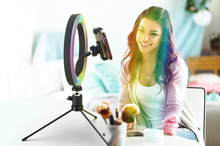 DigiPower 10" RGB Ringlicht mit 3 Beleuchtungsmodi, 15 RGB Farben und 10 Helligkeitsstufen, Smartpho