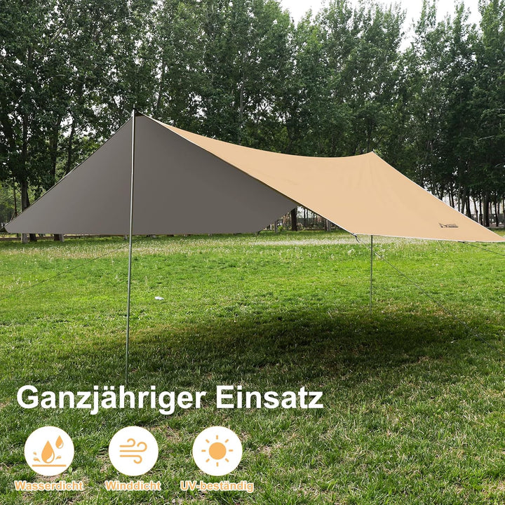 WADEO Camping Zeltplane wasserdicht 4 x 3 m, Plane Regenfliege mit Stangen Heringen Zeltspannleinen,