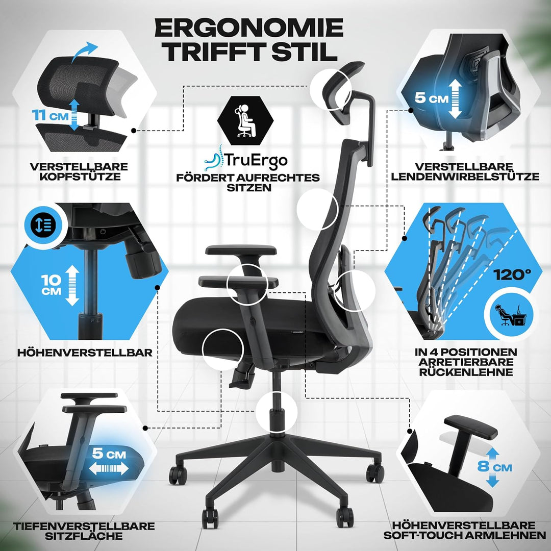 VALKENSTOL M3 Komfort Ergonomischer Bürostuhl 150 kg – [Höhenverstellbare Lordosenstütze] Schreibtis