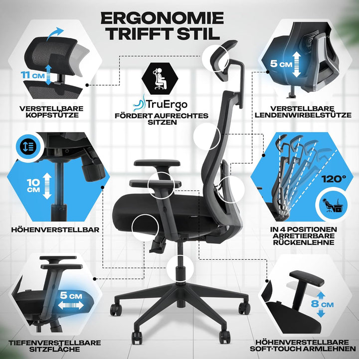 VALKENSTOL M3 Komfort Ergonomischer Bürostuhl 150 kg – [Höhenverstellbare Lordosenstütze] Schreibtis