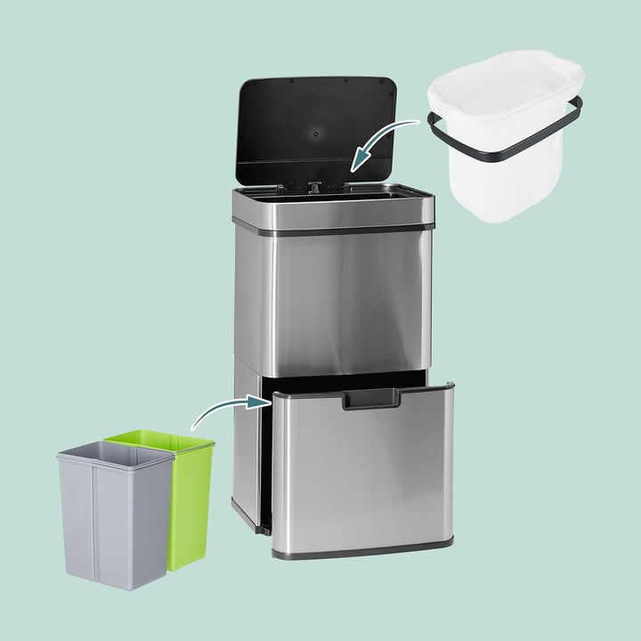 Relaxdays Mülltrennsystem 3 fach, mit Bewegungssensor, 60 L, ausziehbar, Edelstahl, HBT: 74,5 x 42 x