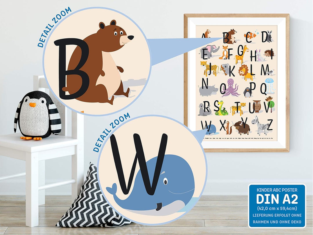 ABC Poster DIN A2 für Kinderzimmer, Alphabet Poster für Mädchen und Jungen, Buchstaben zum Lernen, T