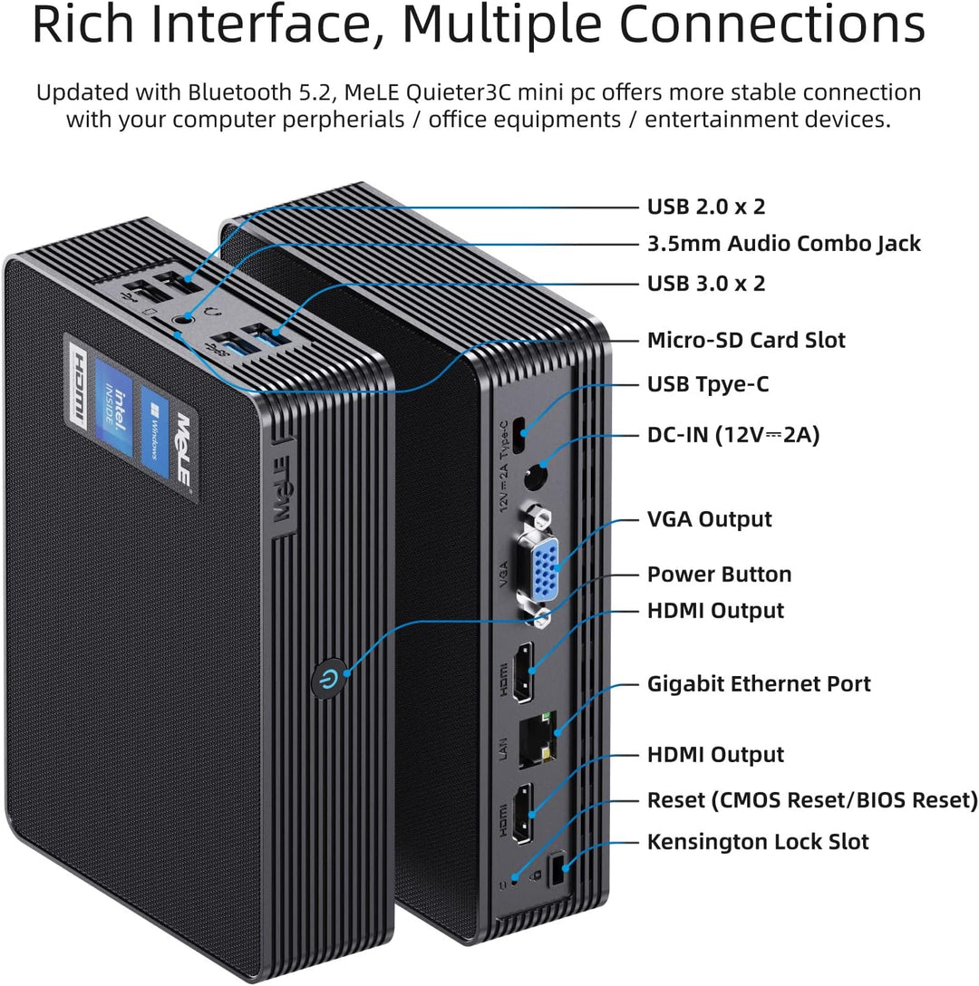 MeLE Mini PC, QuieterHD3 Celeron N5105 8GB 256GB Windows 11 Pro Mikrocomputer, Lüfterloser Kleiner D