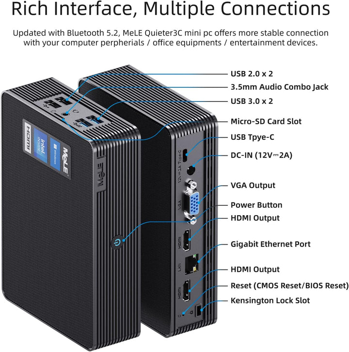 MeLE Mini PC, QuieterHD3 Celeron N5105 8GB 256GB Windows 11 Pro Mikrocomputer, Lüfterloser Kleiner D