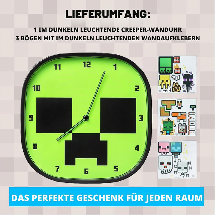 Paladone Minecraft Creeper Leuchtende Wanduhr - Leise, Nicht Tickend - Enthält 3 Blätter Abnehmbarer