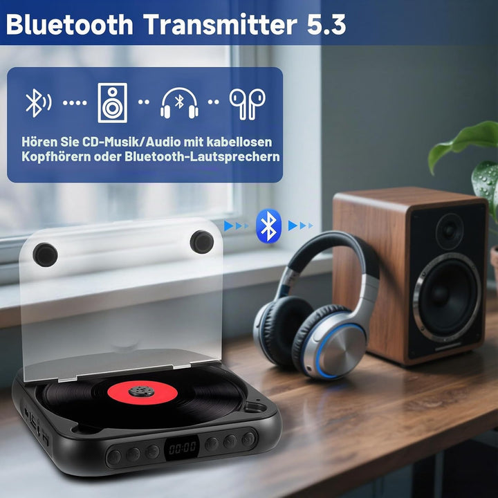 Tragbarer CD Player mit Bluetooth 5.3 - Kinder CD Spieler mit 2000mAh Akku, USB, MP3 Wiedergabe, AUX