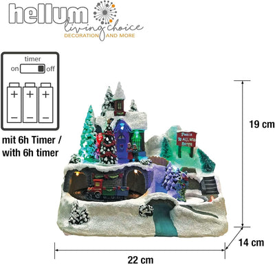 hellum LED Weihnachtsdorf mit Zug, Weihnachtsdorf mit Beleuchtung im Fiberoptikstil, batteriebetrieb