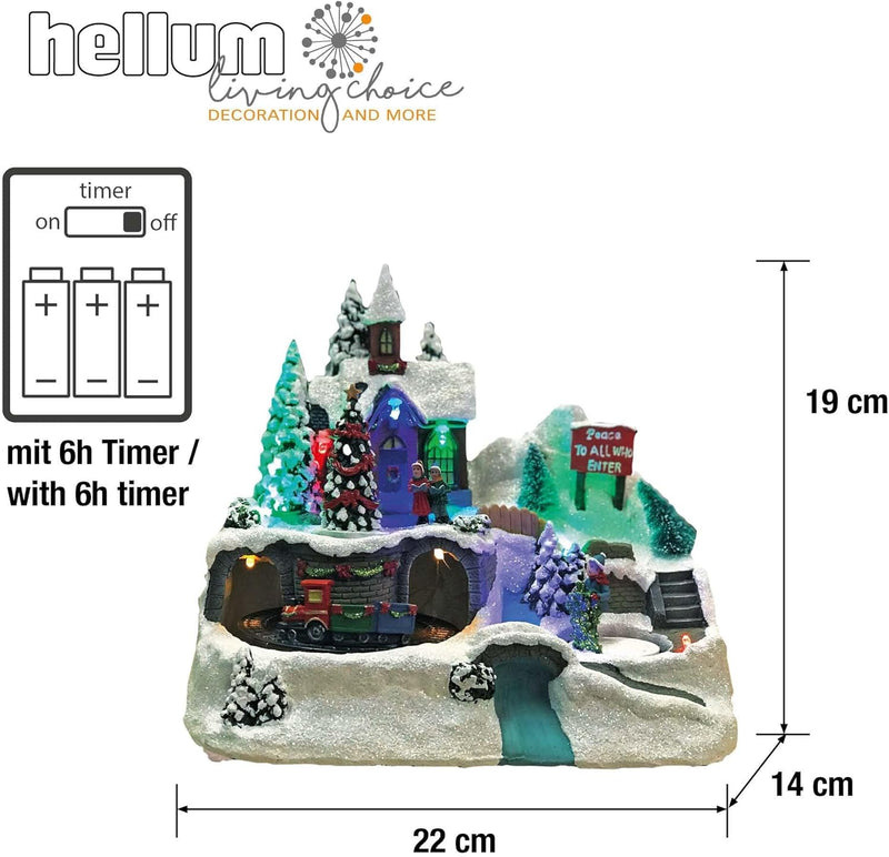 hellum LED Weihnachtsdorf mit Zug, Weihnachtsdorf mit Beleuchtung im Fiberoptikstil, batteriebetrieb