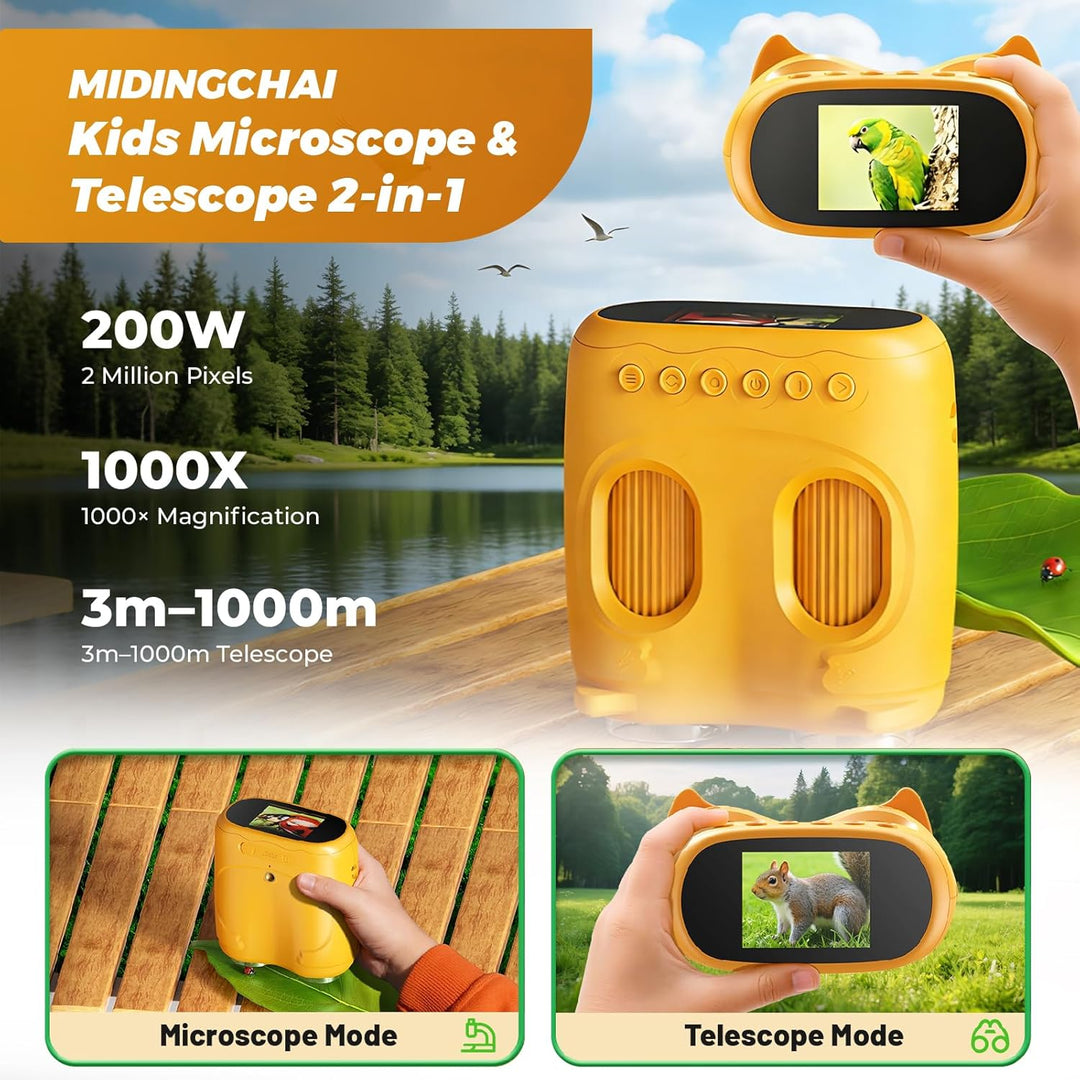 2 In 1 Fernglas und Mikroskop für Kinder, 2.0" IPS Bildschirm, 1000X Tragbares Kindermikroskop mit F