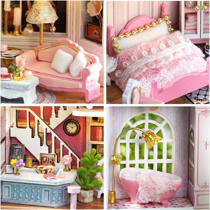 CUTEROOM Miniatur Haus, DIY Puppenhaus Set aus Holz, Mini Hausbau-Set mit Möbeln und LED Licht, Gebu