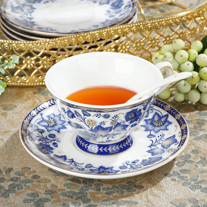fanquare Blau Blume Porzellan Teeservice mit Metallständer, Vintage Porzellan Kaffeetasse und Untert