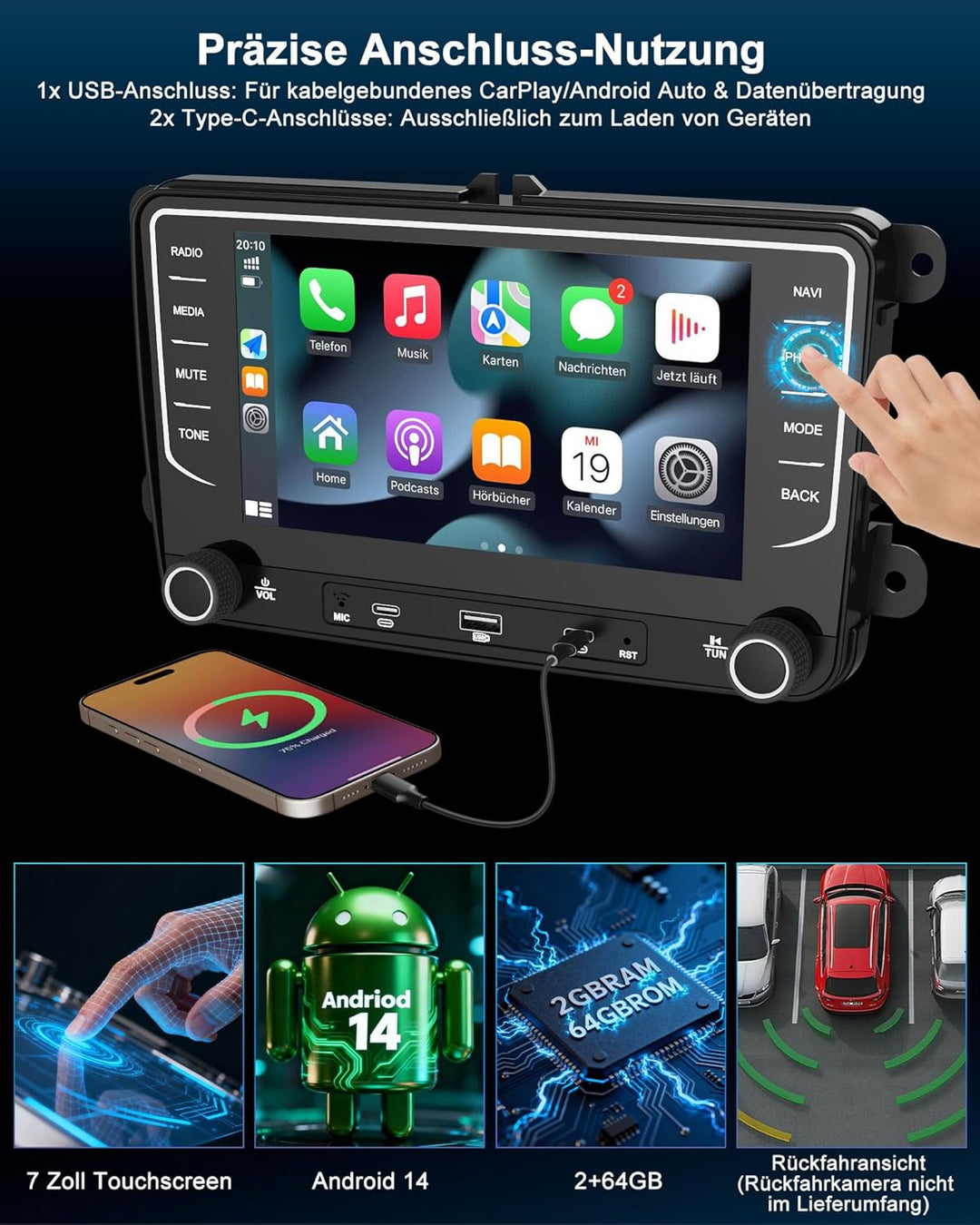 Autoradio mit Bildschirm Bluetooth 2+64GB für VW Golf 5 6 Polo T5 Passat Touran Seat Skoda, 2Din Aut