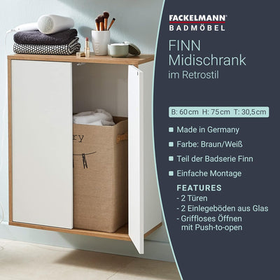 FACKELMANN Finn Midischrank (60 x 75 x 30,5 cm) – Badezimmerkommode mit 2 Einlegeböden aus Glas – Ba