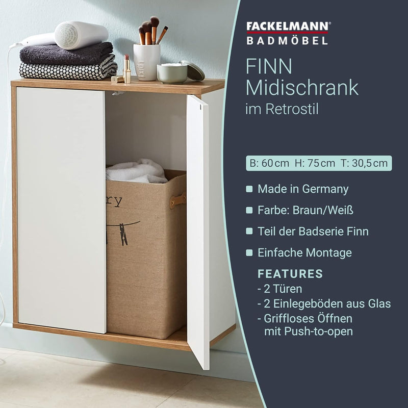 FACKELMANN Finn Midischrank (60 x 75 x 30,5 cm) – Badezimmerkommode mit 2 Einlegeböden aus Glas – Ba