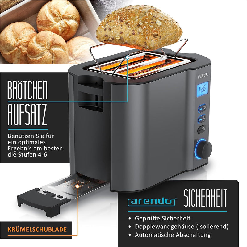 Arendo - Toaster 2 Scheiben Edelstahl mit Restzeitanzeige - 800 Watt - Doppelwandgehäuse - Integrier