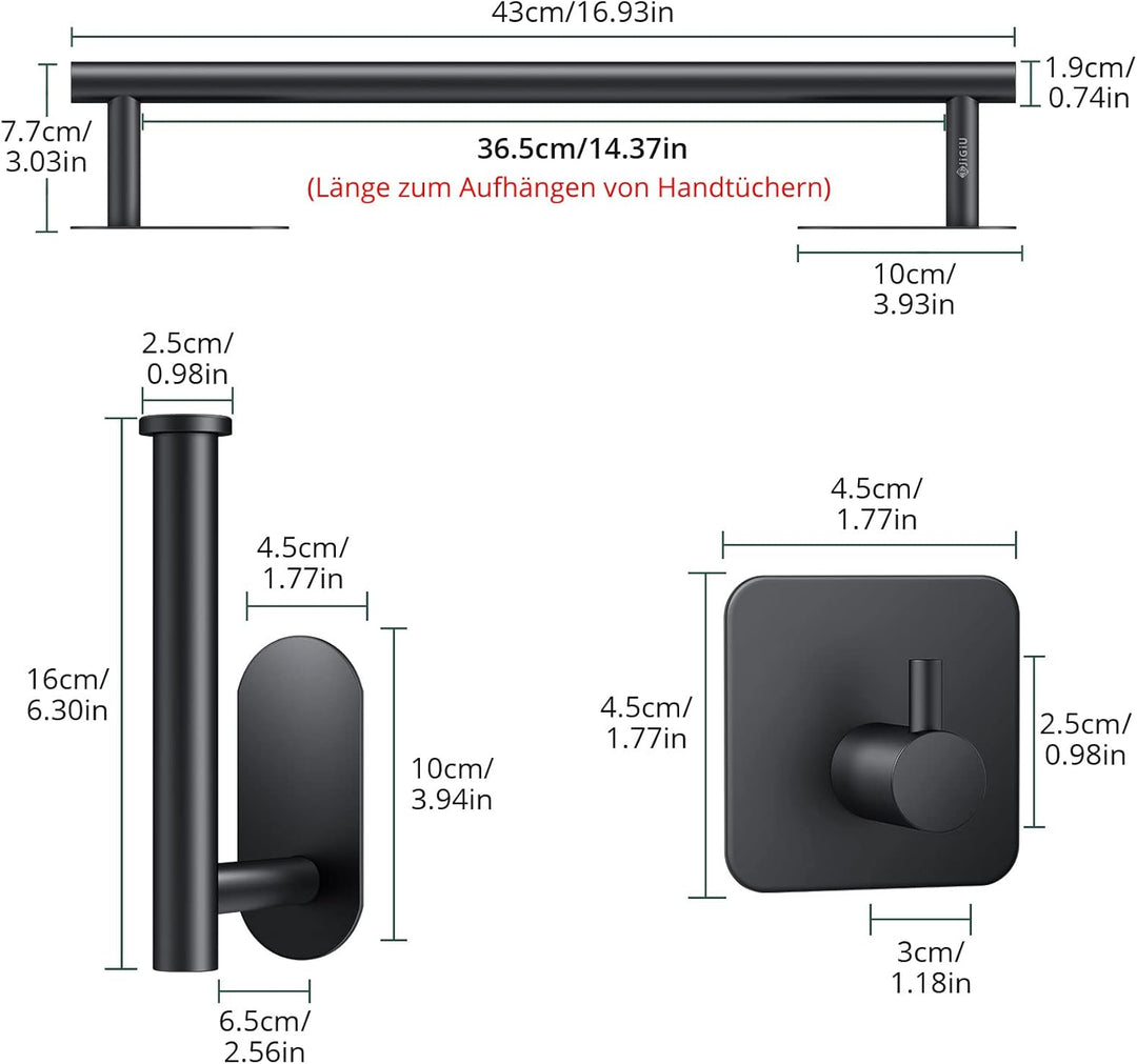 JiGiU Handtuchhalter Ohne Bohren 43CM Handtuchstange aus 304 Edelstahl mit Toilettenpapierhalter & 3
