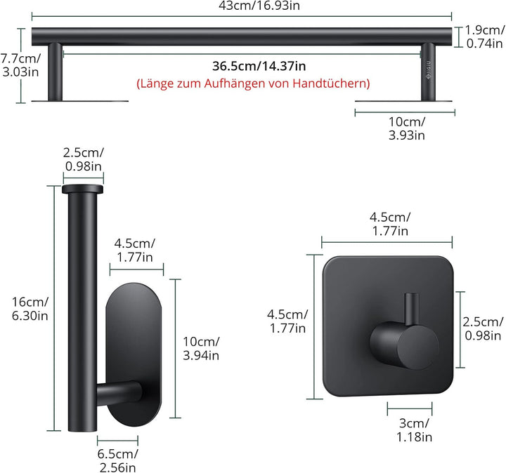 JiGiU Handtuchhalter Ohne Bohren 43CM Handtuchstange aus 304 Edelstahl mit Toilettenpapierhalter & 3