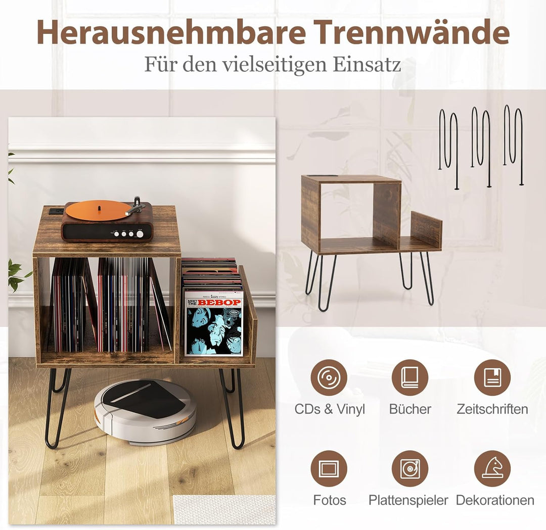 COSTWAY Beistelltisch mit Ladestation, Plattenspielerständer mit Trennwänden & Seitenregal, Nachttis