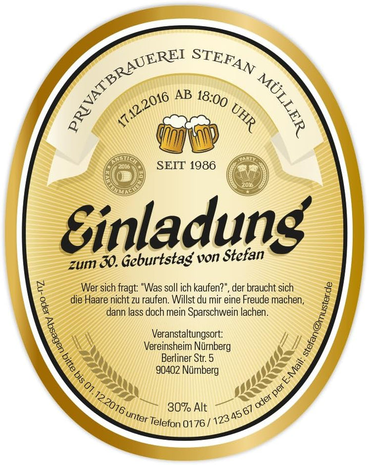 Flaschenetikett als Einladung (10 Stück) - Bier in Gelb – Bieretikett für Bierflaschen