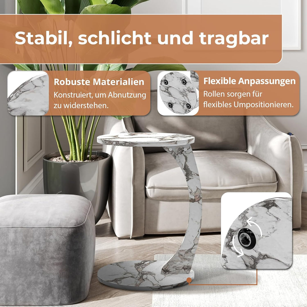[en.casa] Beistelltisch Holeby Betttisch auf Rollen Laptoptisch Marmoroptik Cremeweiss Wohnzimmertis