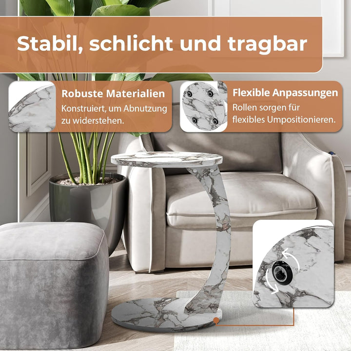 [en.casa] Beistelltisch Holeby Betttisch auf Rollen Laptoptisch Marmoroptik Cremeweiss Wohnzimmertis