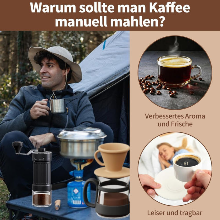 Kaffeemühle Manuell, Handmühle Kaffee Schwarz, Manuelle Kaffeemühle mit Keramikmahlwerk, 40-stufige