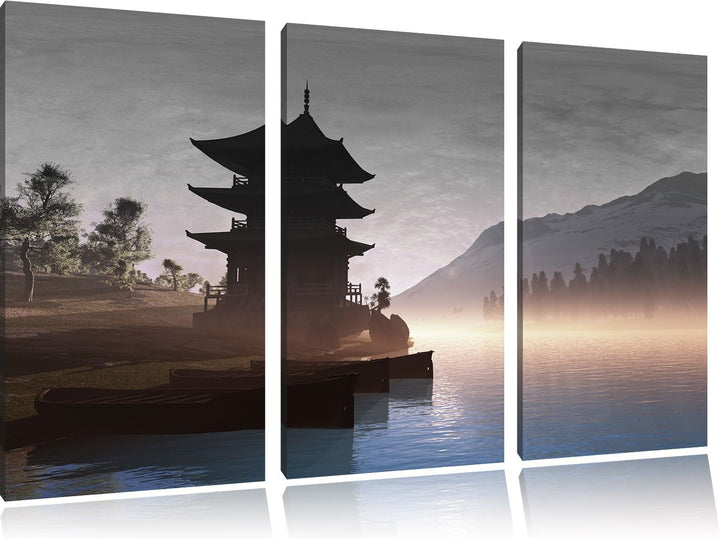 Pixxprint Chinesisches Haus B&W Detail 3-Teiler Leinwandbild 120x80 Bild auf Leinwand