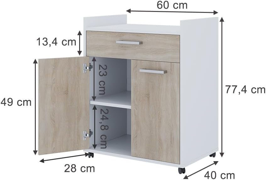 Vicco Rollcontainer Ansel, Weiss/Sonoma, 60 x 40 cm mit Schubladen, Weiß/Sonoma