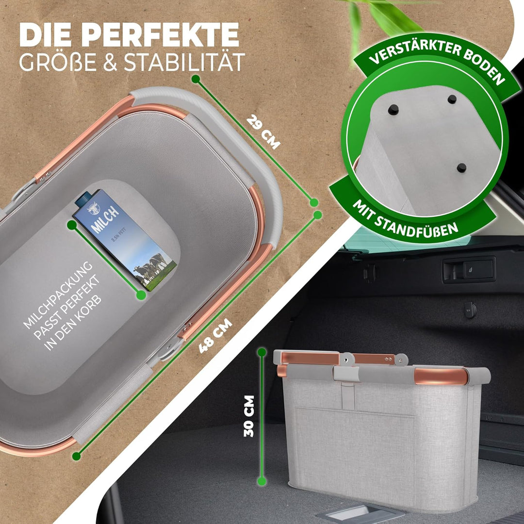 30l stabiler Einkaufskorb gross | Tragekorb mit Henkel und verstärktem Boden, Frontfach und Innentas