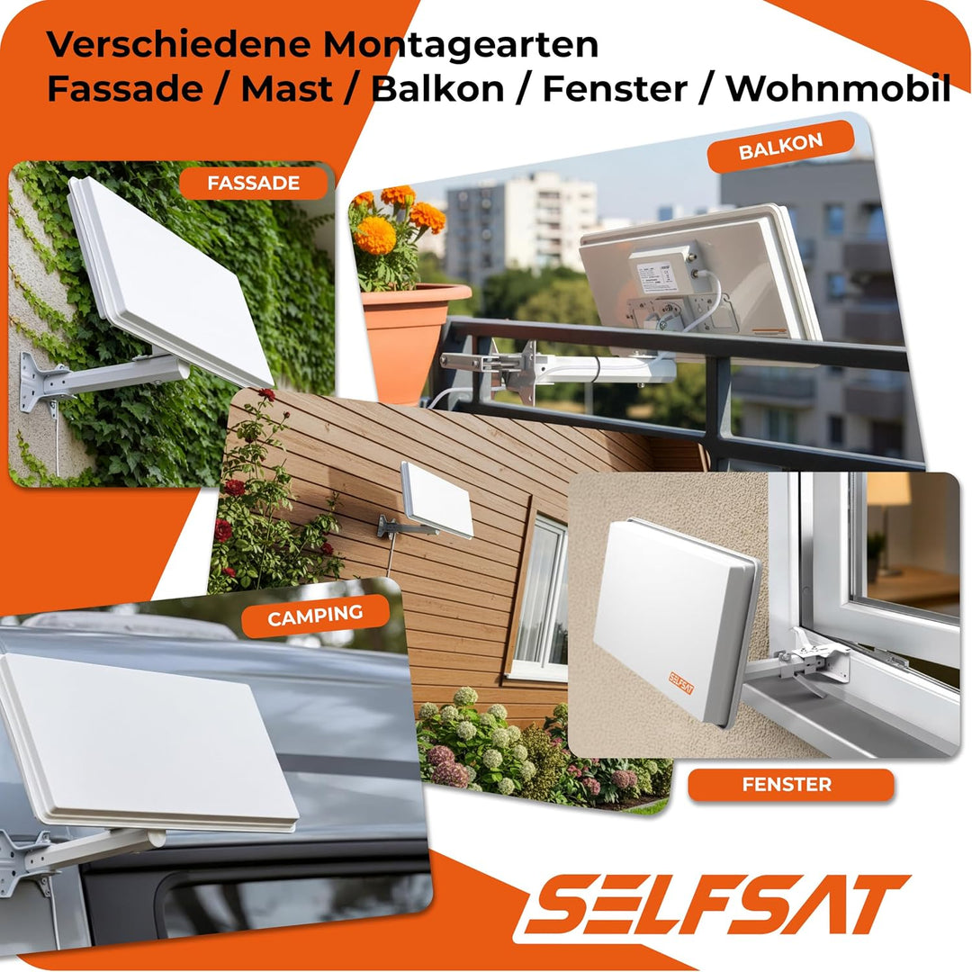 Selfsat H30D4+ Quad Flachantenne für Vier Teilnehmer inkl. Fensterhalterung Quad Single, Quad Single
