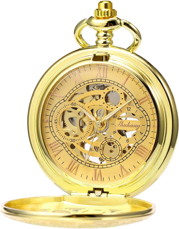 TREEWETO Unisex Taschenuhr mit Kette Analog Handaufzug Antik Zahnrad verziert Römische Gold