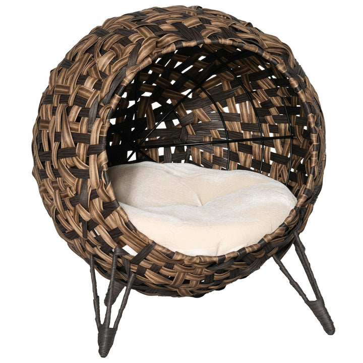 PawHut Katzenhaus aus Rattan mit Kissen Katzenschlafplatz Katzenhöhle mit erhöhten Füssen Braun Ø52