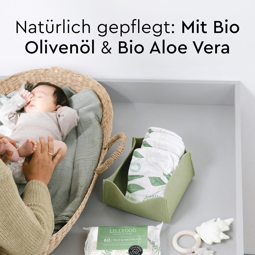 LILLYDOO green Feuchttücher, 300 Stück (5 x 60), 100% plastikfreies, reissfestes Tuch - ohne Parfüme