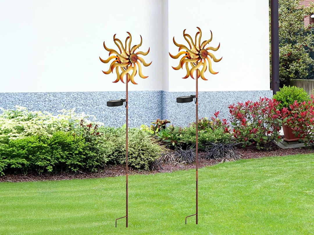 meineWunschleuchte 2er Set Solar Gartenstecker Windrad mit Erdspiess in Orange-Gelb & Kupfer, Höhe 9