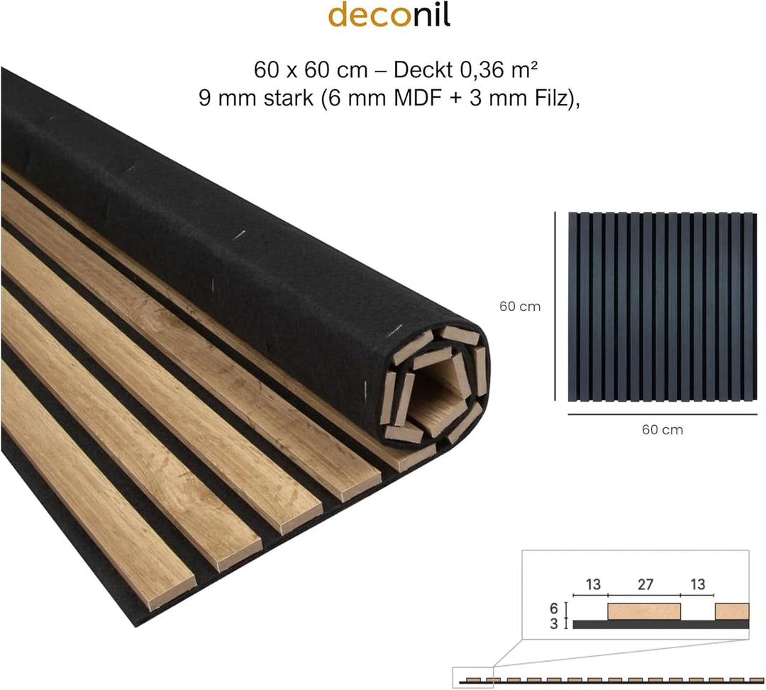 Dekorative Wandpaneele mit Filz und MDF Leisten – 60x60 cm - Nachhallreduzierend & Flexibel – 3 mm F