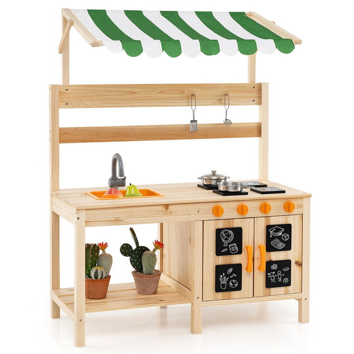 COSTWAY Matschküche Kinder Outdoor, Kinderküche Tannenholz mit Überdachung & Abnehmbarer Spüle & 4 K