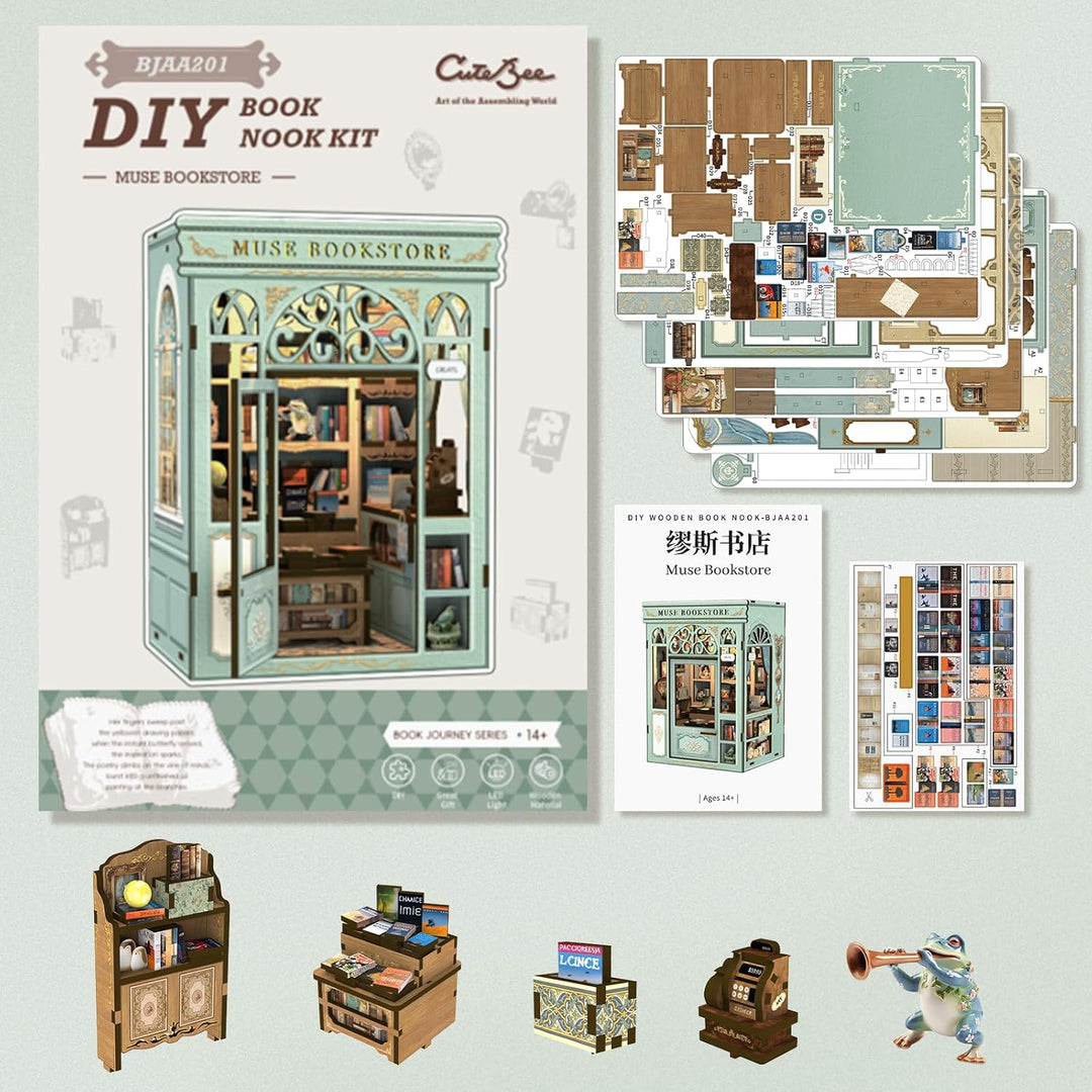 CUTEBEE DIY Book Nook – Kunstvolles DIY Puppenhaus, Miniatur-Welt selbst Bauen mit LED-Beleuchtung |