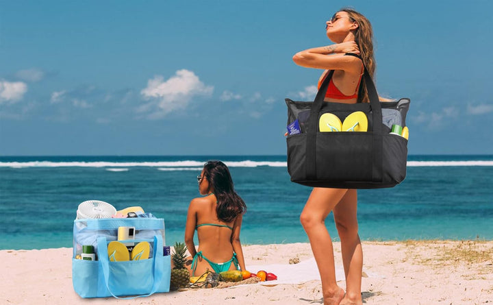 Mesh Strandtasche XXL Familie mit Reissverschluss, Gross Faltbar Sandkontrolle Ultraleicht Badetasch