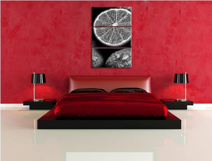 Pixxprint Monocrome, aufgeschnittene Limetten 3-Teiler Leinwandbild 120x80 Bild auf Leinwand