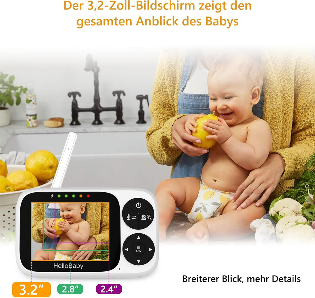HelloBaby Babyphone mit Kamera, Ohne WLAN, 3,2-Zoll-IPS-Bildschirm, Nachtsicht, Schwenken, Neigen Zo