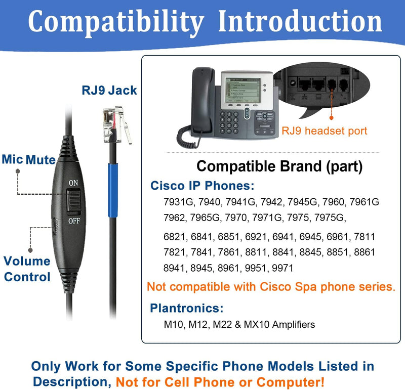 Telefon Headset RJ9 mit Mikrofon Noise Cancelling, Festnetztelefon Kopfhörer Binaural für Cisco 8811