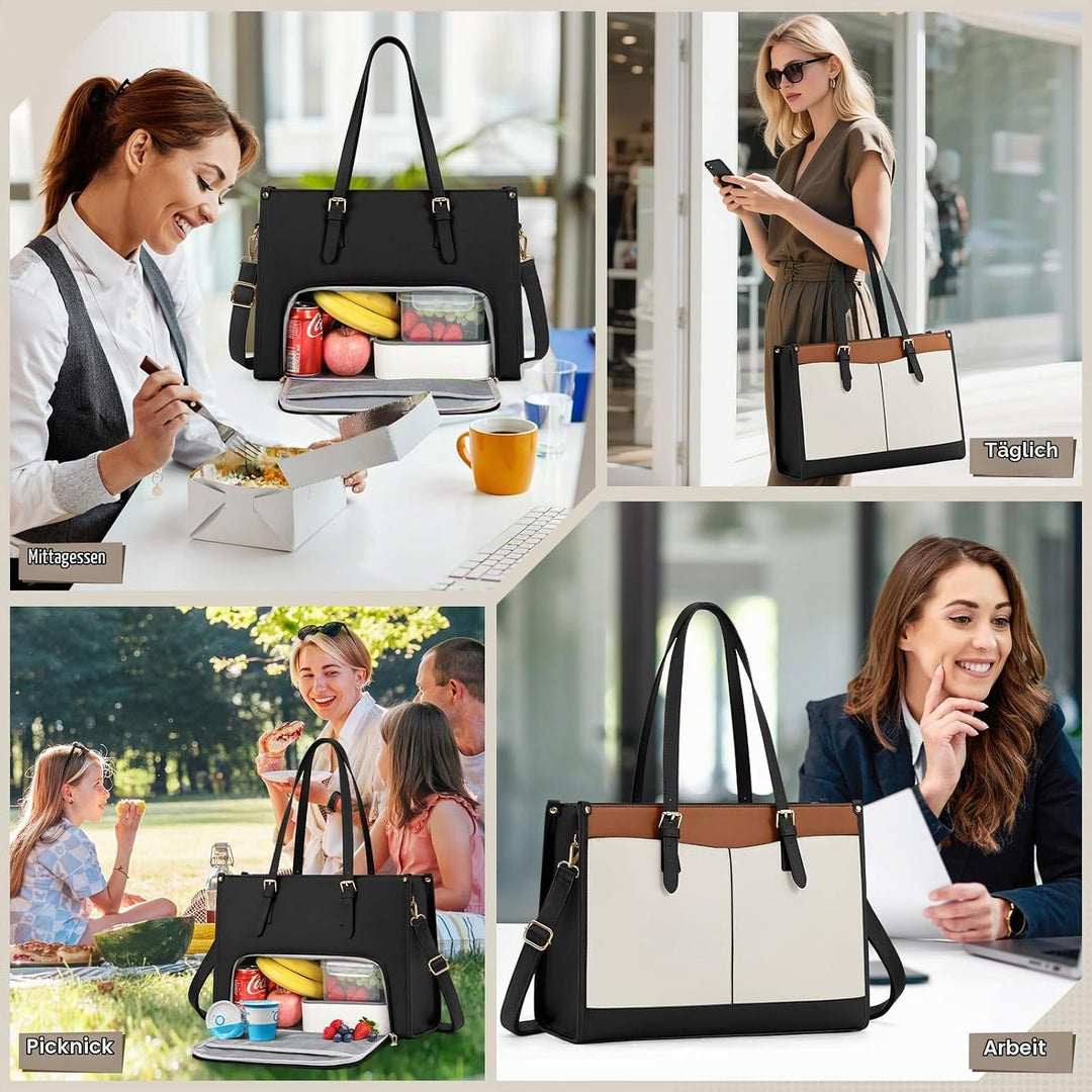 RAINSMORE Laptoptasche Arbeitstasche Damen Gross mit Isolierted Kühlfach Schwarz+braun+weiss, Schwar
