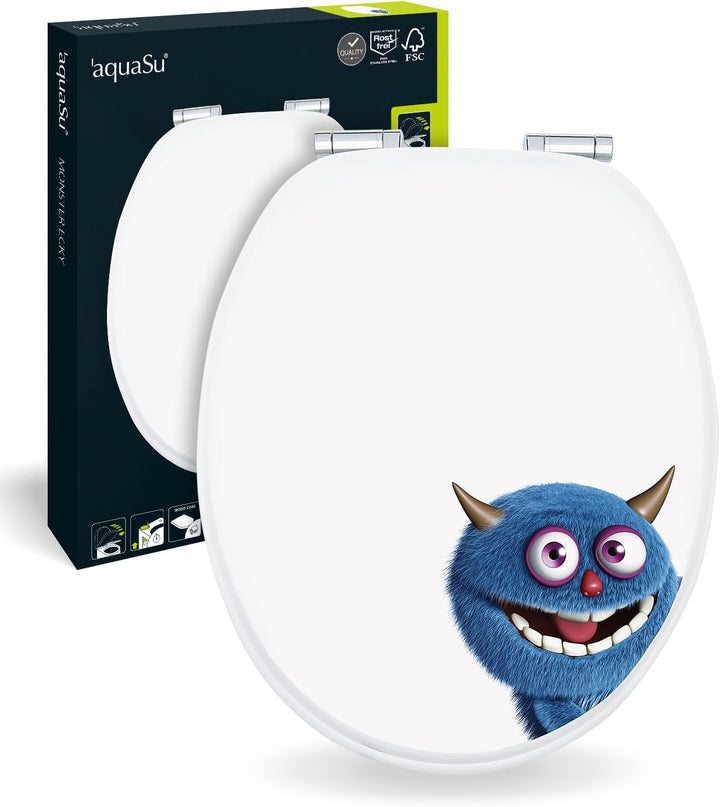 'aquaSu® WC-Sitz mit Absenkautomatik, lustiges Dekor Monster Ecky, Toilettensitz mit Holzkern & Fast
